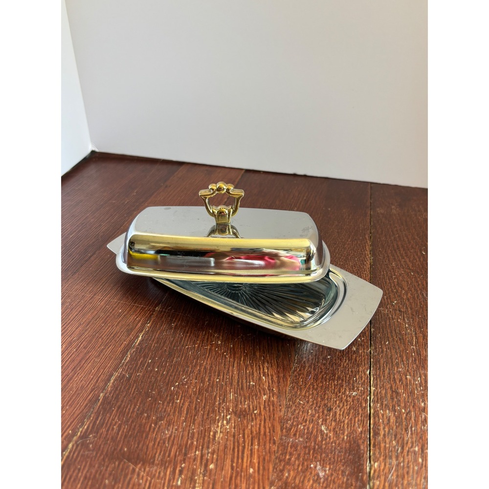 Vintage Kromex Chrome Butter Dish with Glass Insert Gold Handle Mid Century